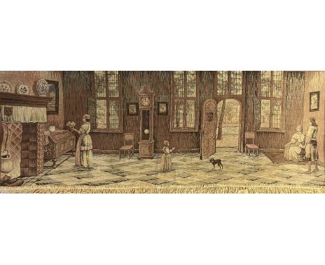 TAPESTRY of a Dutch interior scene with figures, dogs, longcase clock, furniture, etc, unsigned and unframed, 64 x 167cms