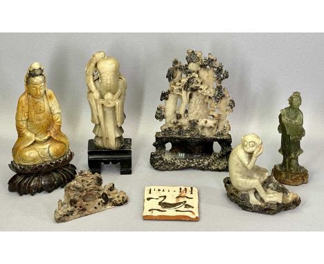 CHINESE CARVED SOAPSTONE FIGURINES &amp; ORNAMENT COLLECTION - including Shoulao standing on a black stepped base, 24.5cms H,