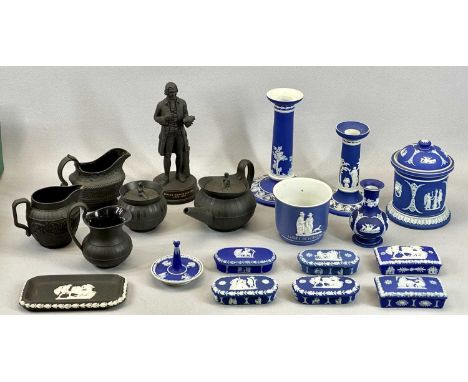 WEDGWOOD JASPERWARE - a collection to include two candlesticks, tobacco jar and six lidded trinket boxes, Wedgwood black basa