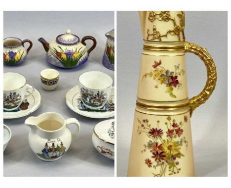 A LONGPARK TORQUAY EARTHENWARE 4 PIECE TEA SERVICE - painted with crocus, teapot 11cms H, china fairing 'A Pastoral Visit by 