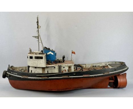 SCALE MODEL TUG BOAT - 'Sea Griffon', blue funnel with white chevron, white bridge with red and black hull, 73cms H, 116cms L