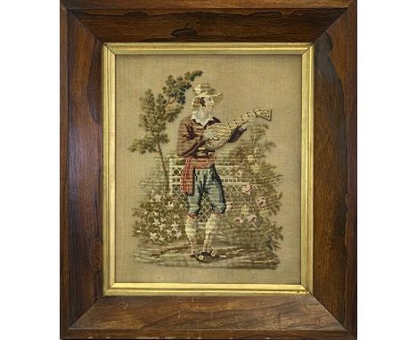 19TH CENTURY NEEDLEWORK TAPESTRY - a standing musician playing a mandolin, in a rosewood frame, 61 x 53cms