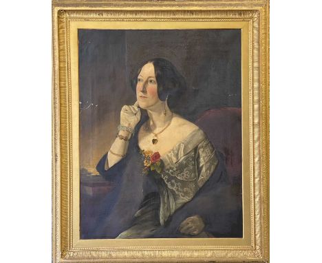 UNSIGNED LARGE VICTORIAN OIL ON CANVAS - portrait of a seated lady, 90 x 70cms