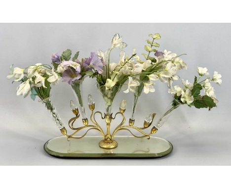 VICTORIAN EPERGNE - oval mirrored stand with gilded floral design arms holding five glass trumpet shape flutes and four glass