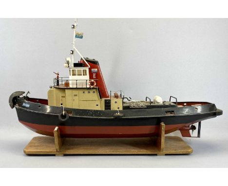 SCALE MODEL TUG BOAT - Dragon with red and black funnel, cream bridge, black and red hull, with stand, 58cms H, 92cms L