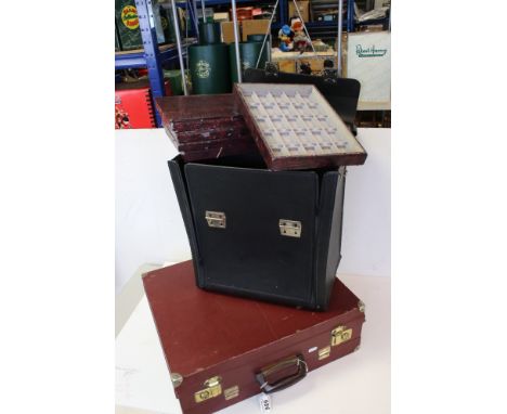 Two vintage sample cases, one containing jewellery display trays the other with hinged front panel. 