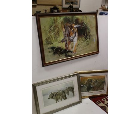 Two framed and glazed limited edition numbered prints by Stephen Gayford of Wolves and Lions together with a Tiger print. 
