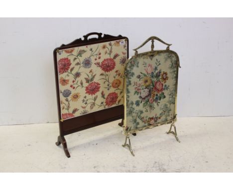 Art Nouveau Brass Framed Firescreen, 45cms wide x 76cms high together with another Wooden Framed Firescreen 