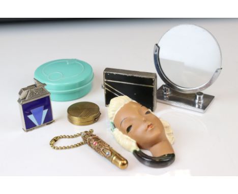 A small collection of Art Deco items to include lighter, compact, photo frame and Goldscheider mask. 