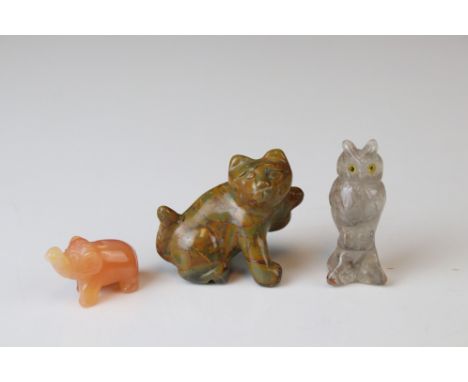Three jade figures of a cat, an elephant &amp; an owl (3) 