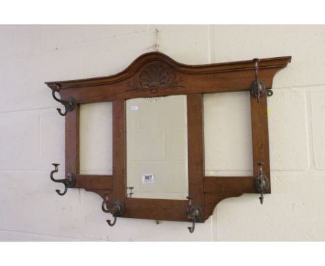 Late 19th / Early 20th century Art Nouveau Oak Framed Hall Wall Mirror and Coat Hooks, 85cms wide 