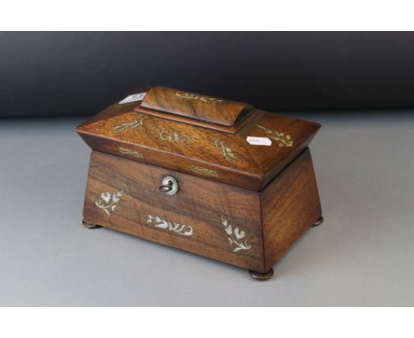 19th century Rosewood Tea Caddy of sarcophagus form with foliate mother or pearl inlay, key and fitted interior, 22cms long 