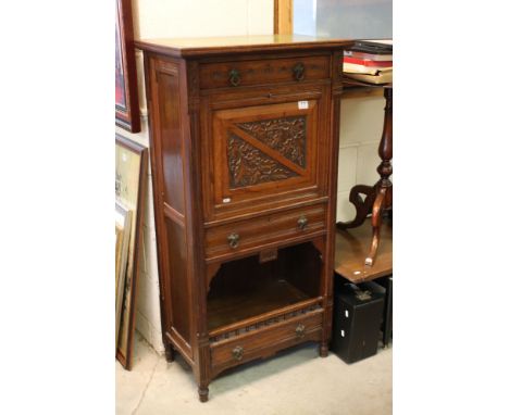 Late Victorian / Edwardian Oak Escritoire, green leather inset top, over a single drawer and hinged drop front with a green l