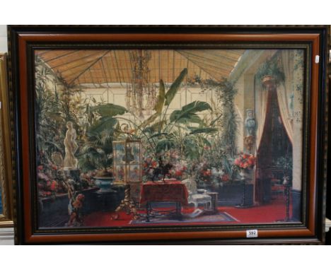 A large textured print of a late Victorian / Edwardian interior scene, 60 x 90 cm. 