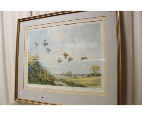 John Cyril Harrison (1898-1985) a framed wildlife print, 'Partridges Over The Hedge' 