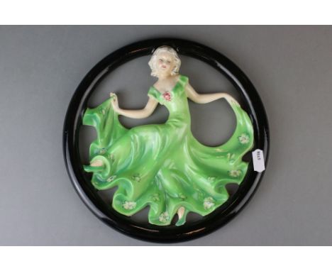 William Goebel Art Deco Wall Plaque of a Lady dancing in a Green Dress within a ring, 24cms diameter 