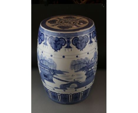 Contemporary Chinese Blue and White Ceramic Seat in the form of a Barrell, 48cms high 