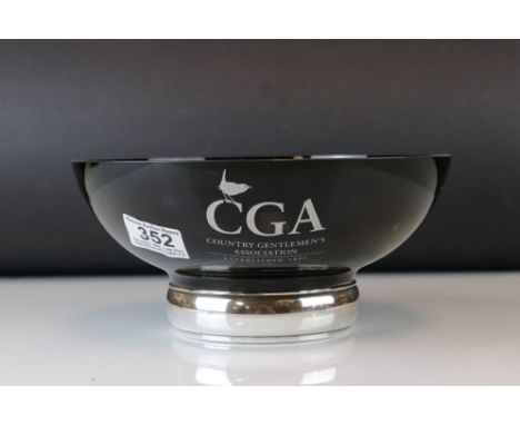 Horse Racing - a black art glass etched bowl on a silver base, a trophy presented to the owner of Red Evie, winner of the 200