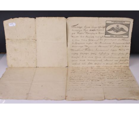 Russian handwritten manuscript, 1835, on two sides, having national eagle emblem on front page 