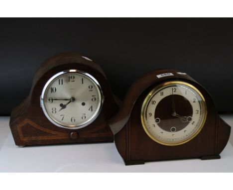 A mid 20th century three train movement mantel clock and one other similar with two train movement. 