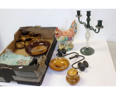 A box of mixed collectables to include ceramics, candlestick and a flat iron. 