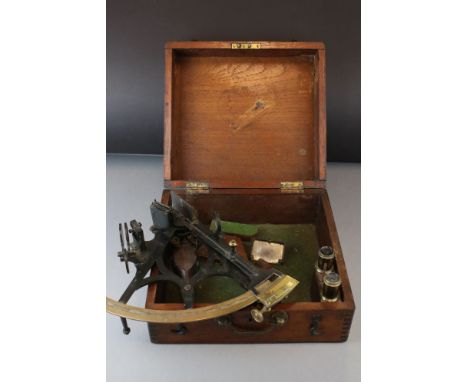 Victorian Brass and Metal Sextant, signed W Gerrard, Liverpool, in a Mahogany Case with eye pieces 