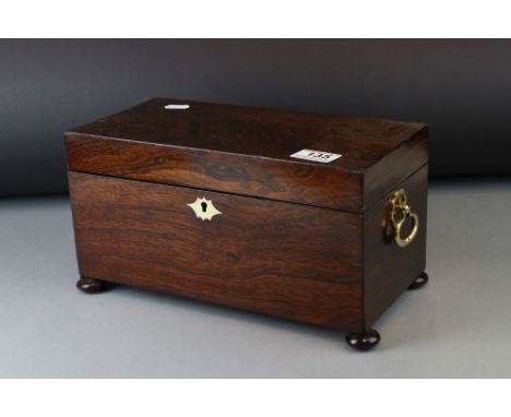 Victorian rosewood, twin compartment, tea caddy with pottery bowl and brass handles, approx. 31cm x 15cm 