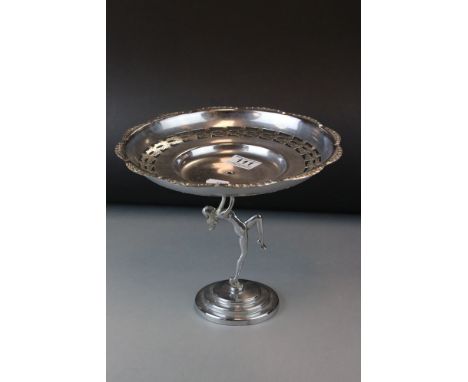 Art Deco White Metal Tazza / Cake Stand, the stem in the form of a Naked Lady, 21cms high 