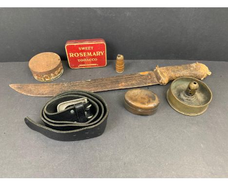 A box of mixed collectables to include trench art, buttons and a machete.