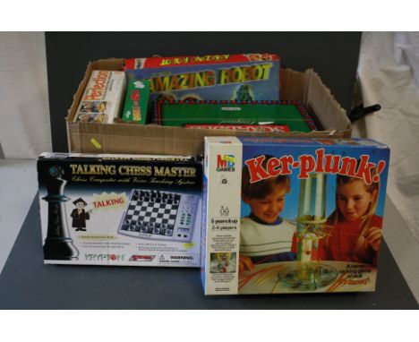 Box of assorted board games etc, to include Scrabble, Ker Plunk, Perfection &amp; boxed Talking Chess Master 