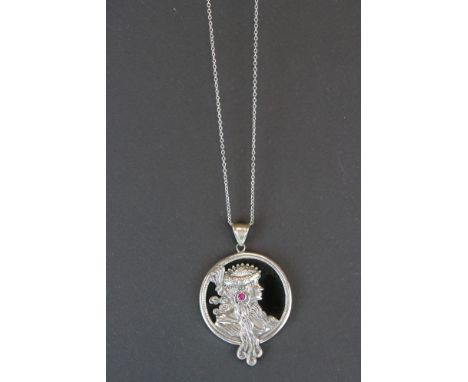 Silver, art nouveau, pendant necklace of a lady with ruby earring 