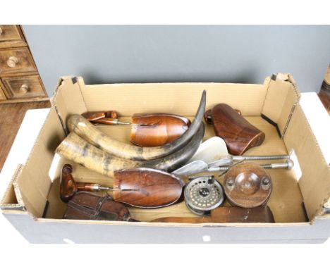 A box of mixed collectables to include fly fishing reels horns and a hip flask. 