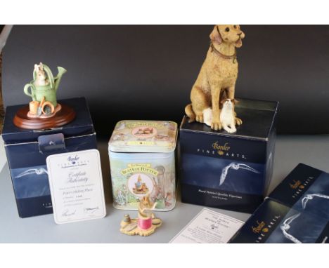Three Boxed Border Fine Art Beatrix Potter Figures including Peter's hiding place, Jemima Puddle-duck and Foxgloves and Tailo
