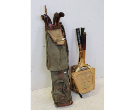 Three vintage tennis racquets, to include Dunlop &amp; Grays, all in wooden presses, together with a President squash racquet