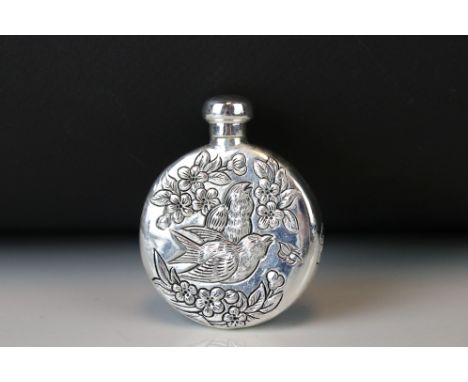 Silver plated hip flask with engraved decoration, stamped 800 