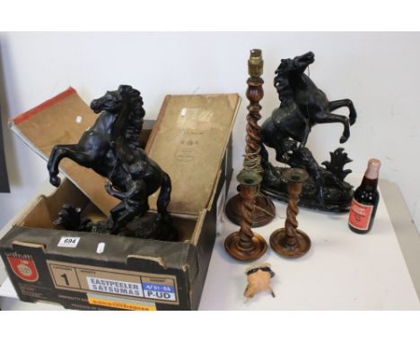 Two cast metal Marley horses together with wooden candlesticks, lamp base, 1969 Swindon Cup Final Bottle of Ale and a Carved 