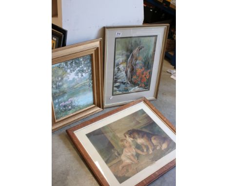 Mary Elliot Lacey 20th century water colour of an Otter 43 x 29 cm framed Print child with dog titled Cant you Speak together