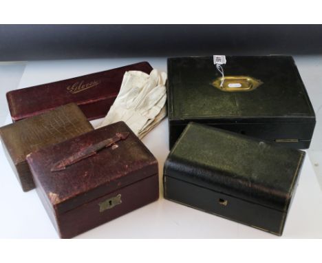 Small Victorian leather covered writing box with inkwell and key (width approx. 27cm), a Victorian glove box complete with gl