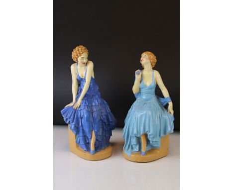 A pair of Art Deco painted plaster figurines Giuseppe Leonardi  RD 792457 and 793746 Signed with GL monogram 26 cm tall. 