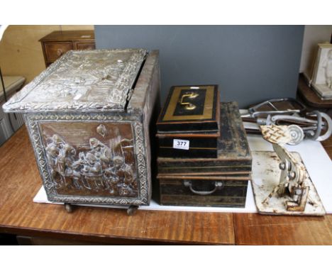 A group of mixed collectables to include Deed box, money box, hunting sticks&nbsp;and cast iron railway rail setter