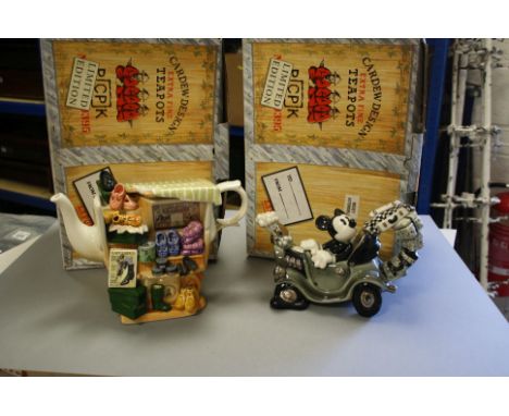 Two boxed Cardew Designs limited edition novelty teapots to include C&amp;J Clark Market Stall and Mickey Automobile.