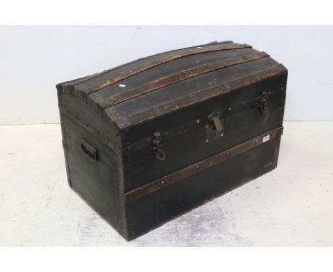 Victorian Canvas covered and Wooden Bound Domed Top Travelling Trunk, 84cms wide x 60cms high 