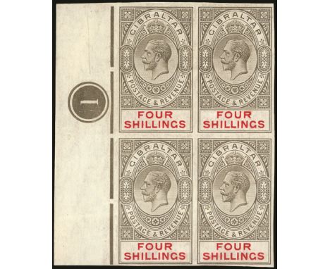 1912-24 4s black &amp; carmine Wmk MCA, IMPERFORATW MARGINAL BLOCK OF FOUR, with plate number ''1'' mint brilliant o.g. (stam