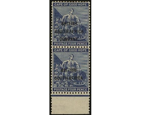 1896 4d blue, type 8 opt on CGH, vertical pair with part interpane margin below, the lower stamp error 'COMPANY' OMITTED, min