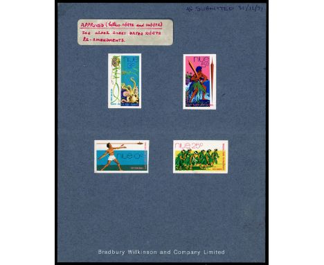 1972 Arts Festival set of 4 imperforate colour proofs affixed to Bradbury Wilkinson card endorsed “AS SUBMITTED 31.12.71” and