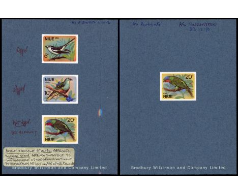 1971 birds set of 3 imperforate colour proofs affixed to Bradbury Wilkinson card endorsed "AS SUBMITTED 16.10.70". The 5c and