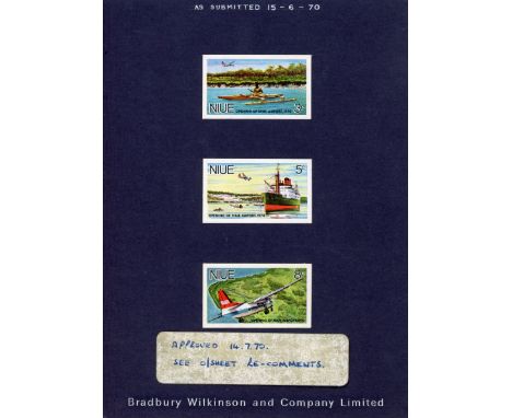 1970 Airport Opening set of three imperforate colour proofs affixed to Bradbury Wilkinson card endorsed “AS SUBMITTED 15 - 6 