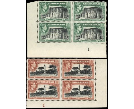 1938-42 1/- and 2/- perf 13½ Plate blocks, unmounted o.g. &nbsp;1/- lower left corner with vignette number 1; 2/- lower right