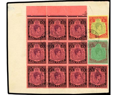1946 piece bearing 5/-, 10/- and irregular block of ten £1s, Hamilton postmarks of 7 SEP 46. &nbsp;The 5/- is March 43, the 1