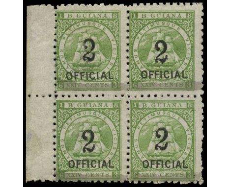 1881 (28 Dec) "2" on 24c green OFFICIAL, type 19 surcharge on 1875 litho issue, in a left marginal BLOCK OF FOUR, unused with